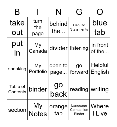 Language Companion Binders Bingo Card