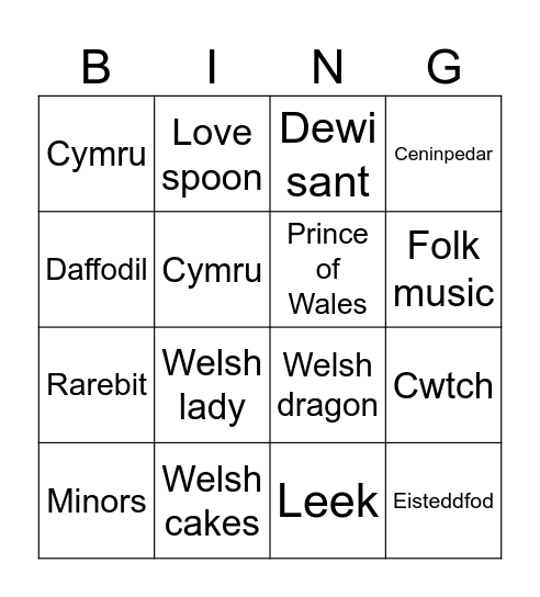 St David's Day Bingo Card