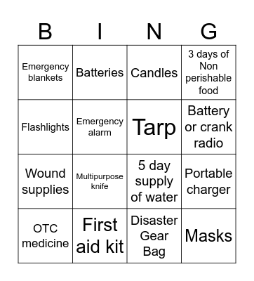 Disaster Gear Bingo Card