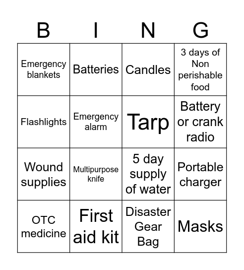 Disaster Gear Bingo Card