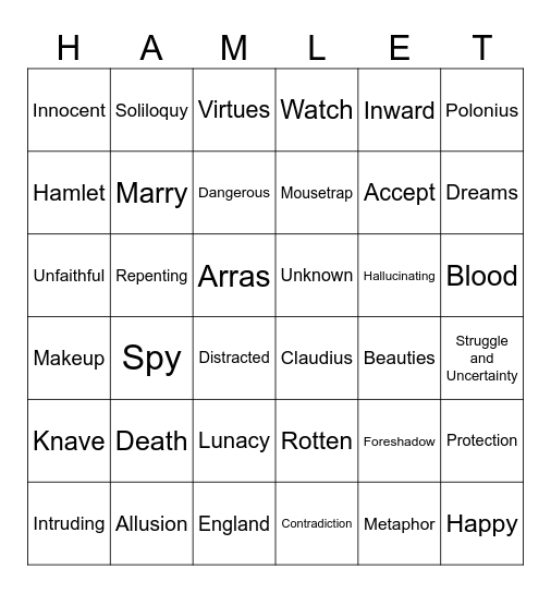 Hamlet Act 3 Bingo Card