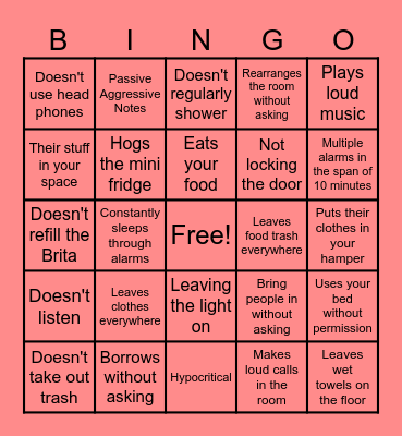 Bad Roommate Bingo Card