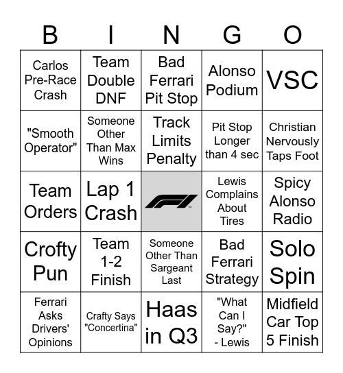 F1 2024 Bingo Card