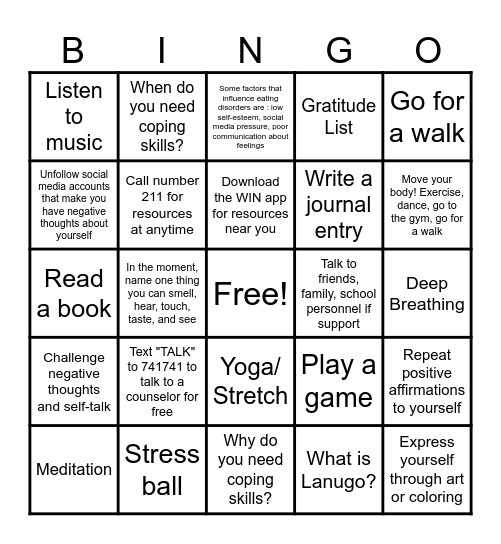 Coping Skills Bingo Card