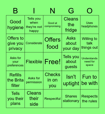 Better Roommate Bingo Card