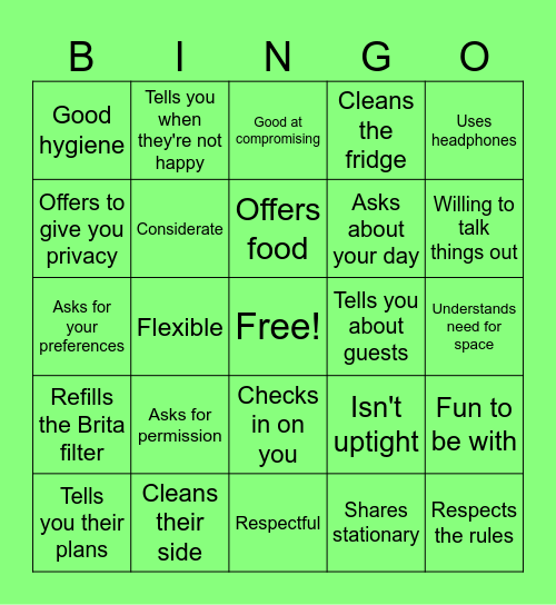 Better Roommate Bingo Card