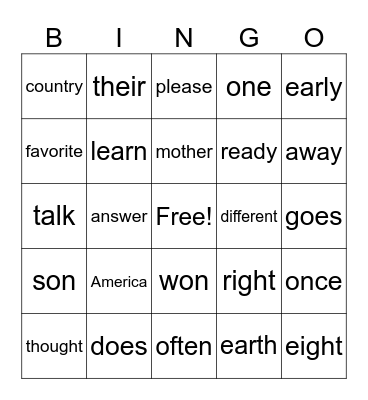 Trick Word Bingo Card
