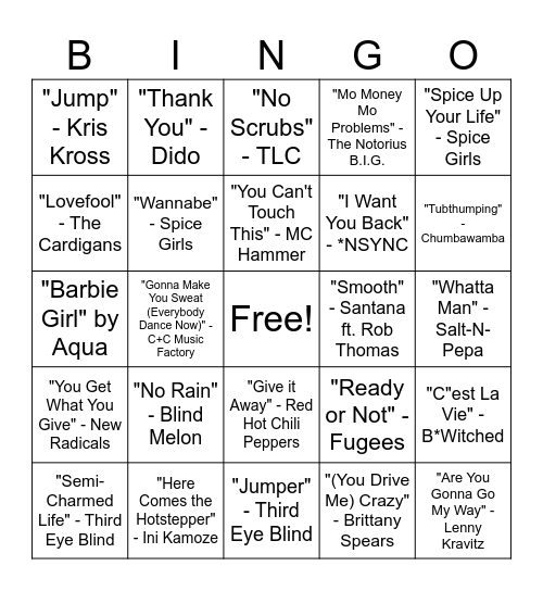 90's Music Bingo Card