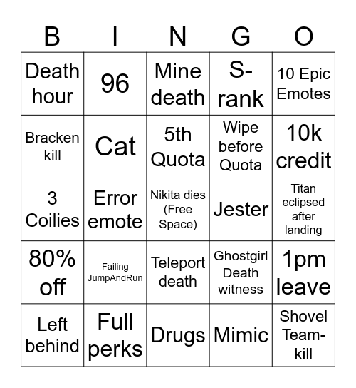 Our Lethal Company Bingo Card