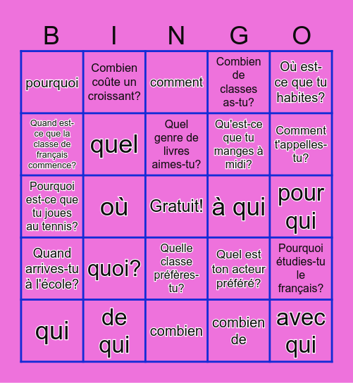 Les expressions interrogatives Bingo Card