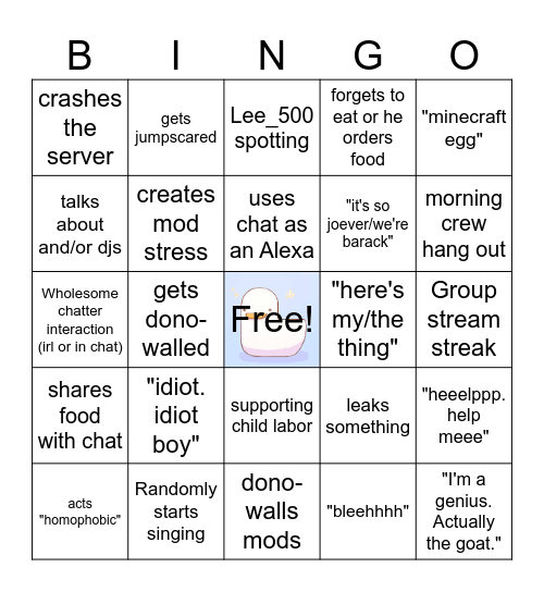 Tubbathon Bingo Card