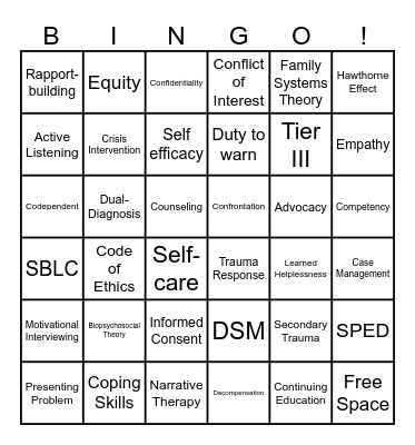 Social Worker Bingo Card