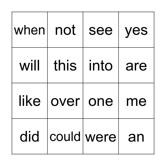 Sight Words Bingo Card