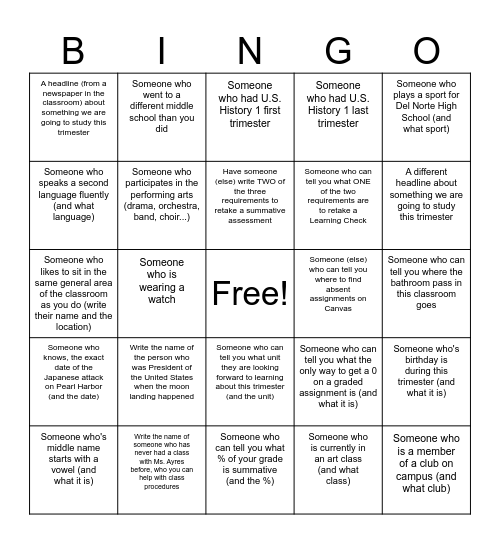 I have been in Ms. Ayres class before Bingo Card