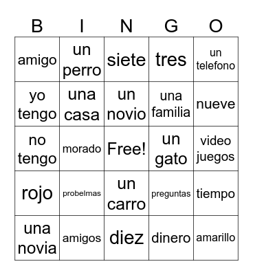 Yo tengo Vocab Bingo Card