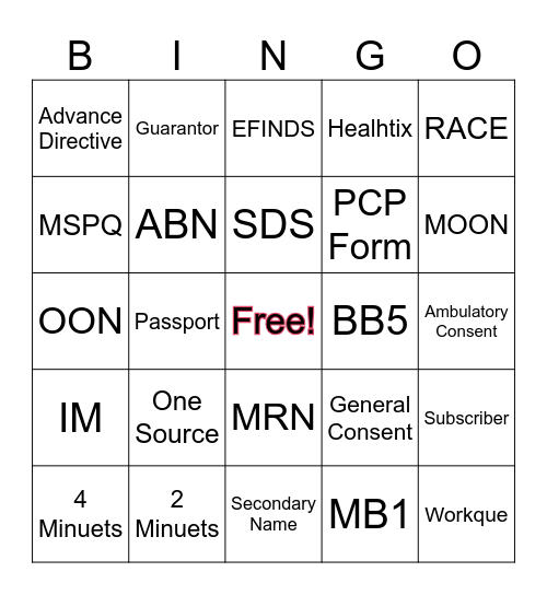 Patient Access Services Bingo Card