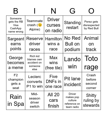 F1 2024 Season Bingo Card
