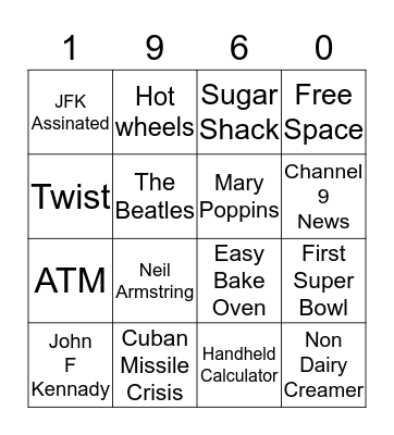 The 1960's  Bingo Card