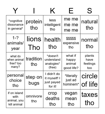 Carnist Excuses Bingo Card