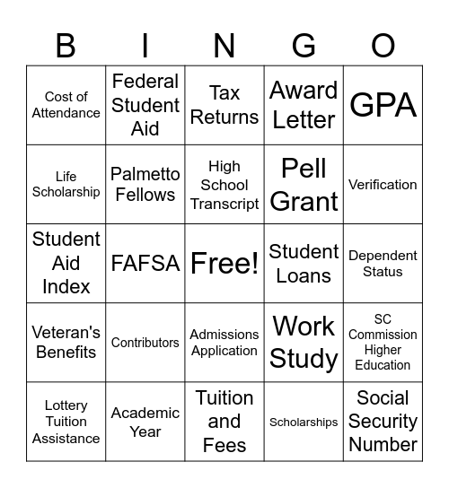 Financial Aid Bingo Card