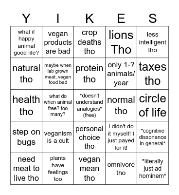 Carnist Excuses Bingo Card