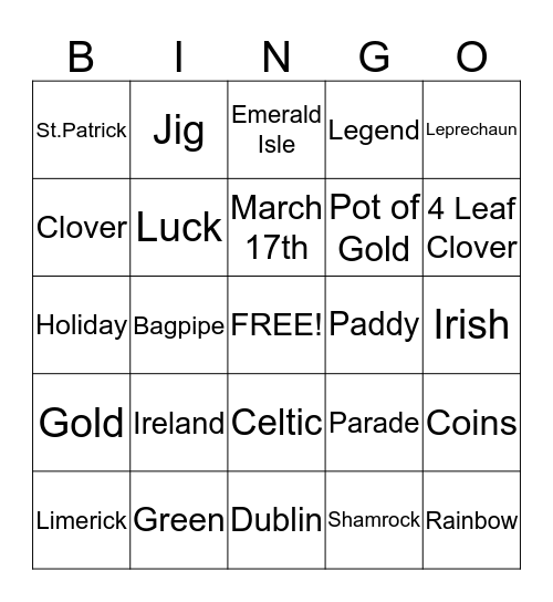 St. Patrick's Day Bingo Card