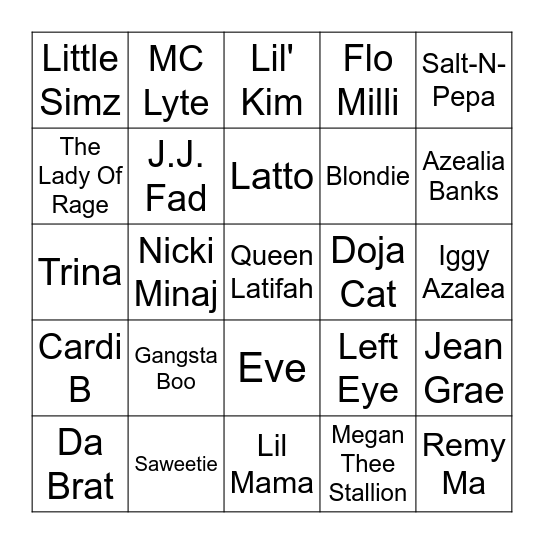 Female Rappers Bingo Card