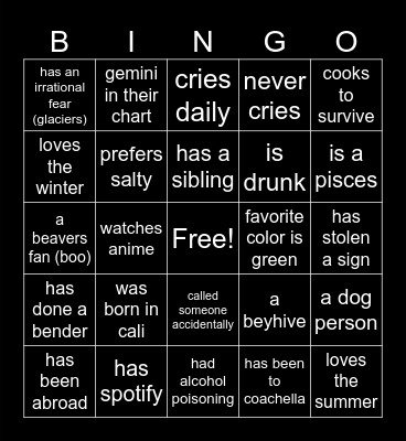 Slip Dress Soirée Bingo Card