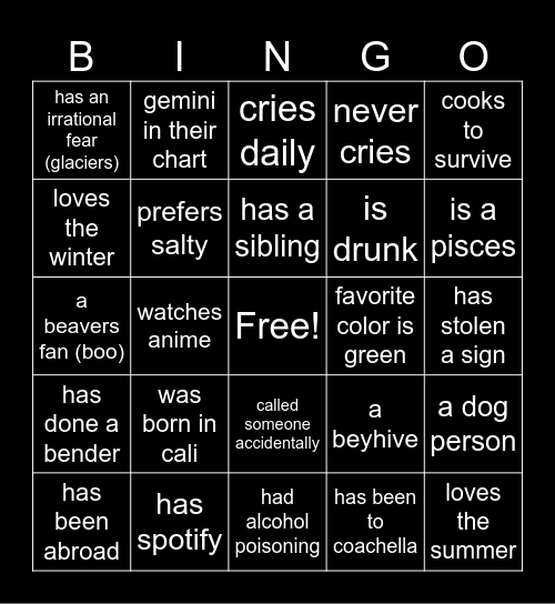 Slip Dress Soirée Bingo Card