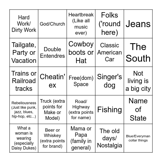 Country Lyrics Bingo Card