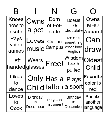 Human Scavenger Hunt Bingo Card