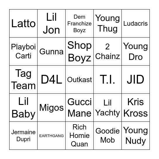 ATL Hip-Hop Bingo Card