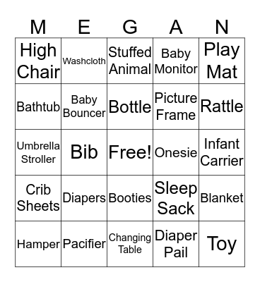 Megan's Baby Shower  Bingo Card