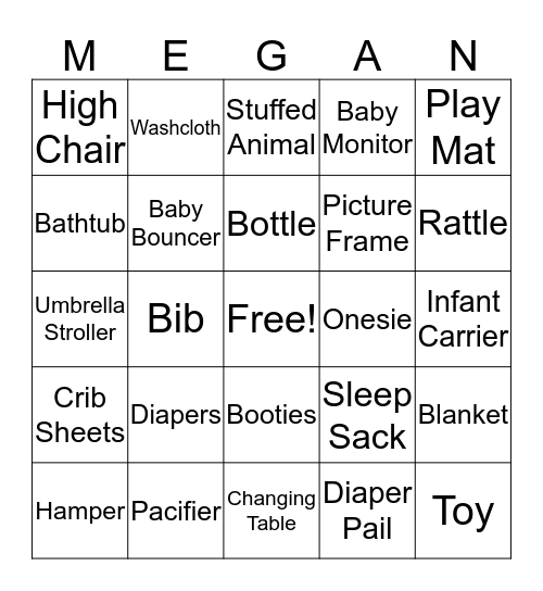 Megan's Baby Shower  Bingo Card