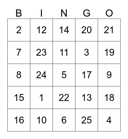 Number Bingo!  Bingo Card