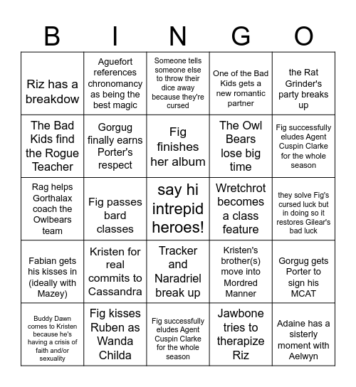 Fantasy High Junior Year Bingo Card