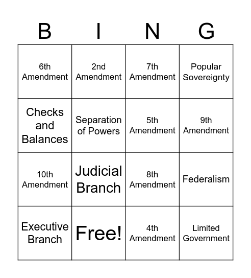 Bill of Rights & 7 Principles Bingo Card