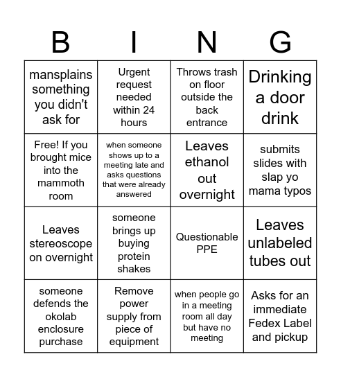 Lab Crimes/ Fails Bingo Card