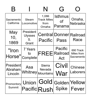 Transcontinental Railroad Bingo Card