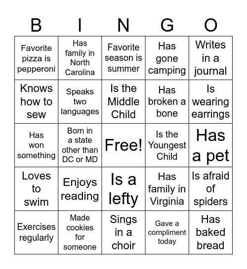 S.T.A.R.S Get to Know You Bingo Card