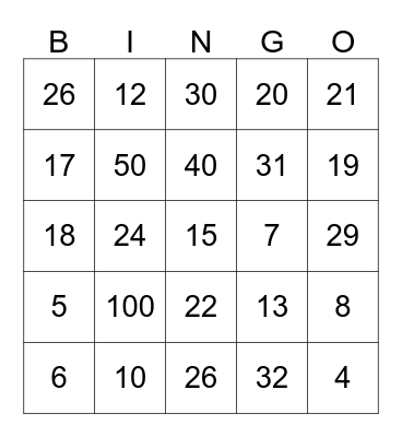Number Bingo!  Bingo Card