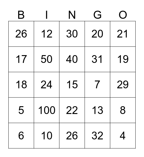 Number Bingo!  Bingo Card