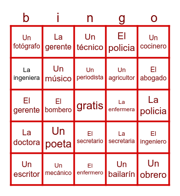 Spanish bingo Card