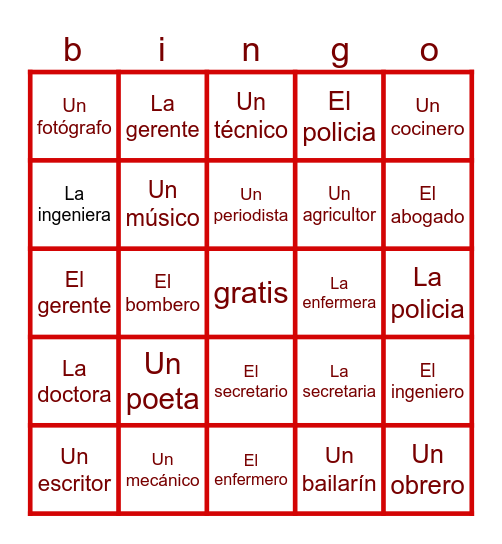Spanish bingo Card
