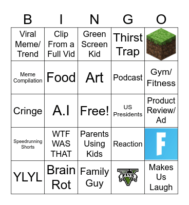 YT Shorts Bingo Card Bingo Card