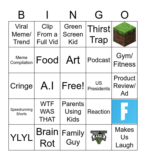 YT Shorts Bingo Card Bingo Card