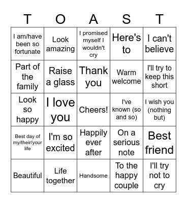 Wedding Speech Bingo Card