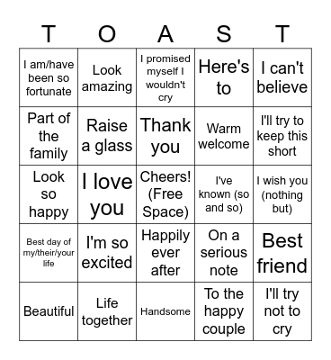 Wedding Toast Bingo! Bingo Card