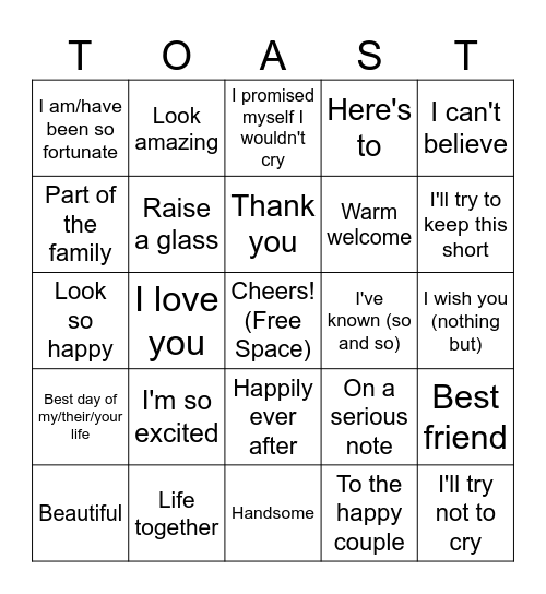 Wedding Toast Bingo! Bingo Card