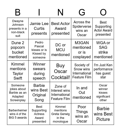 Oscars 2024 Bingo Card